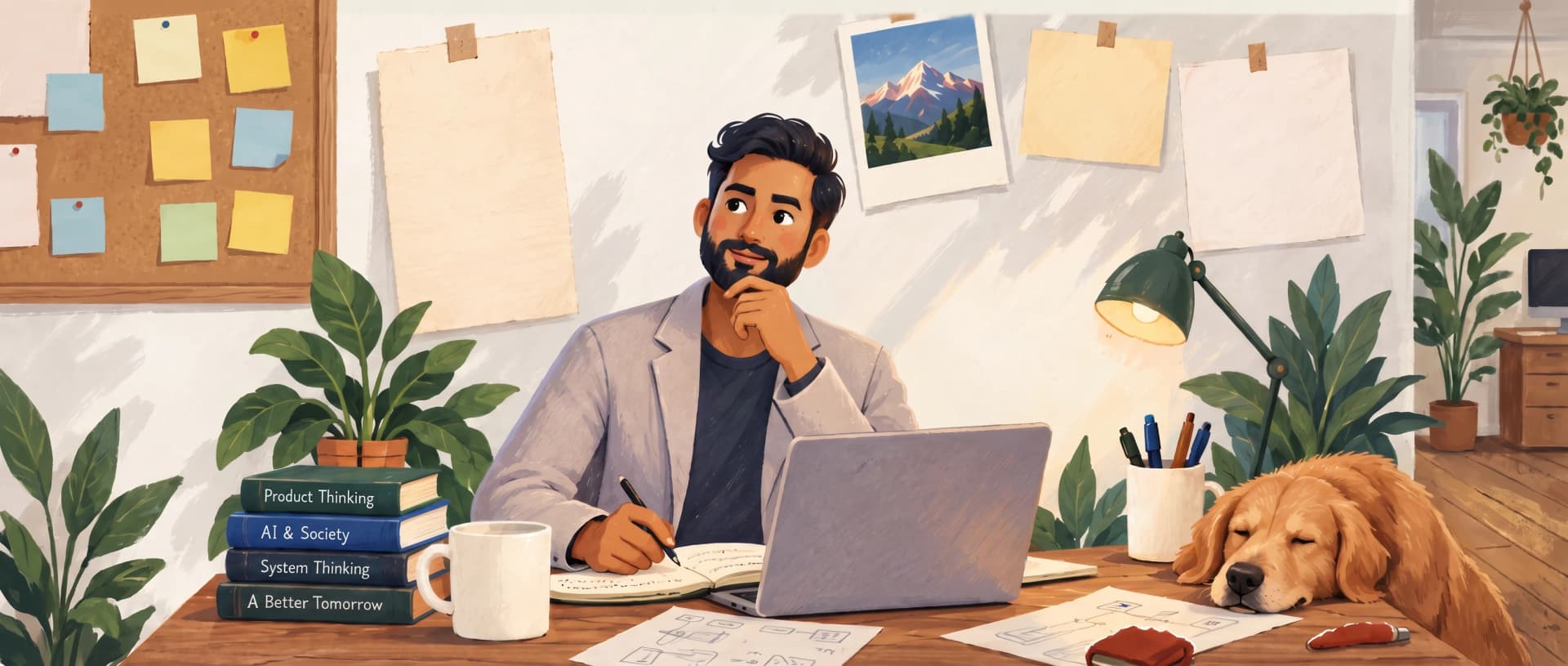 Illustration of Tushar at a warm desk — laptop, notebook, plants, a lamp, a sleeping golden retriever, blank pinned notes, and books titled Product Thinking, AI & Society, System Thinking and A Better Tomorrow.