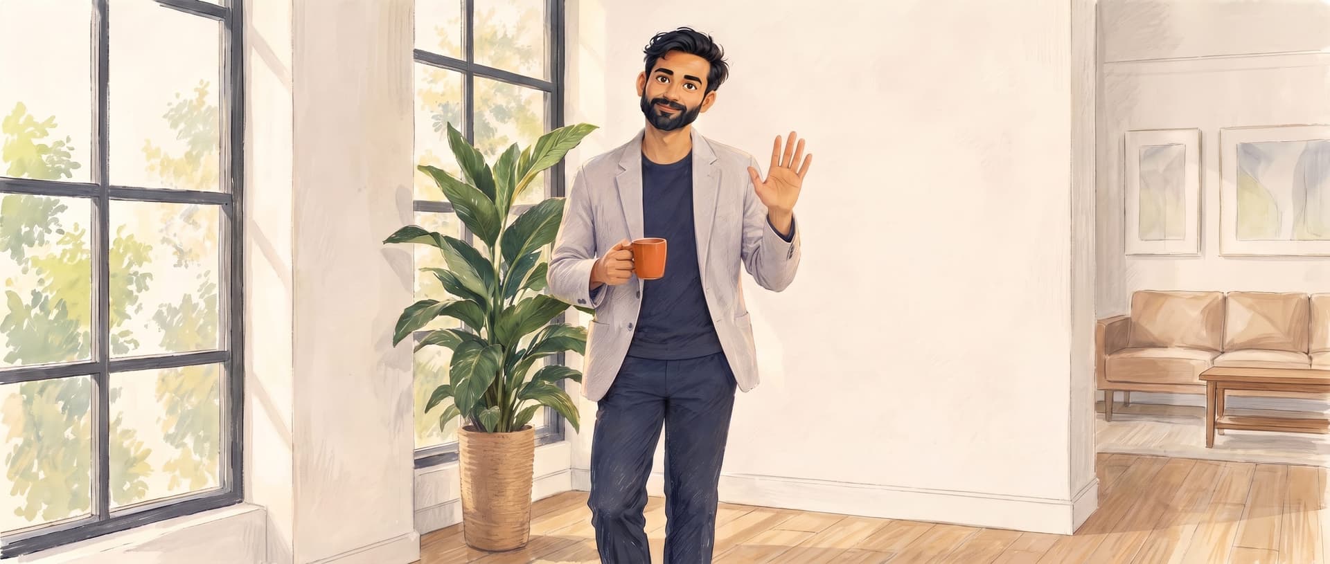 Illustration of Tushar standing by a window next to a tall leafy plant, a terracotta coffee mug in one hand, the other raised in a friendly wave.