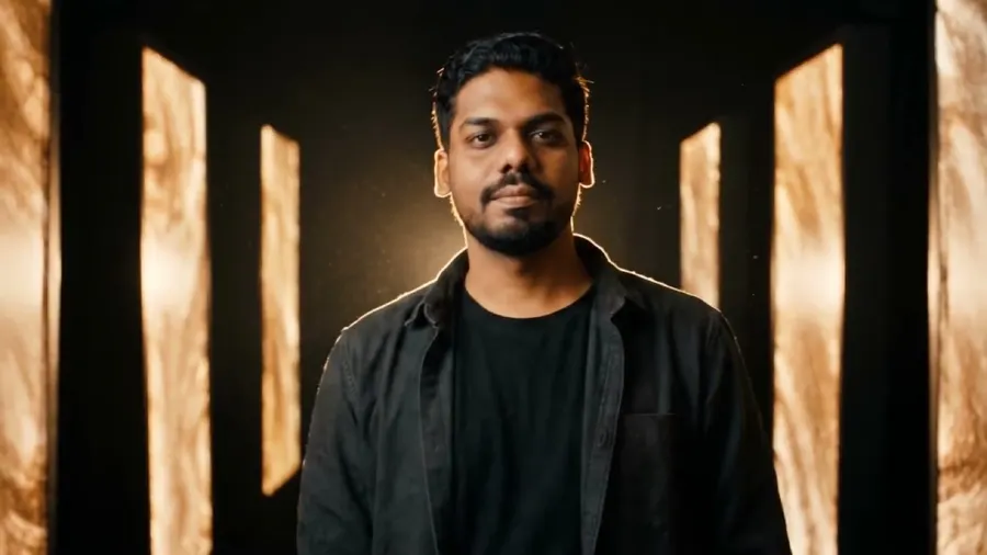 The film's closing scene: Tushar walking between tall panels of warm light.