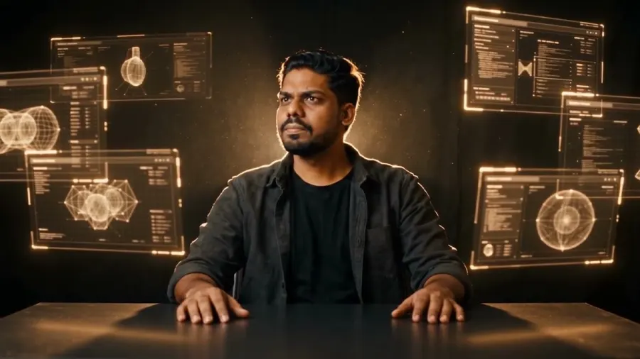 The film's work scene: Tushar seated at a desk among glowing holographic panels.