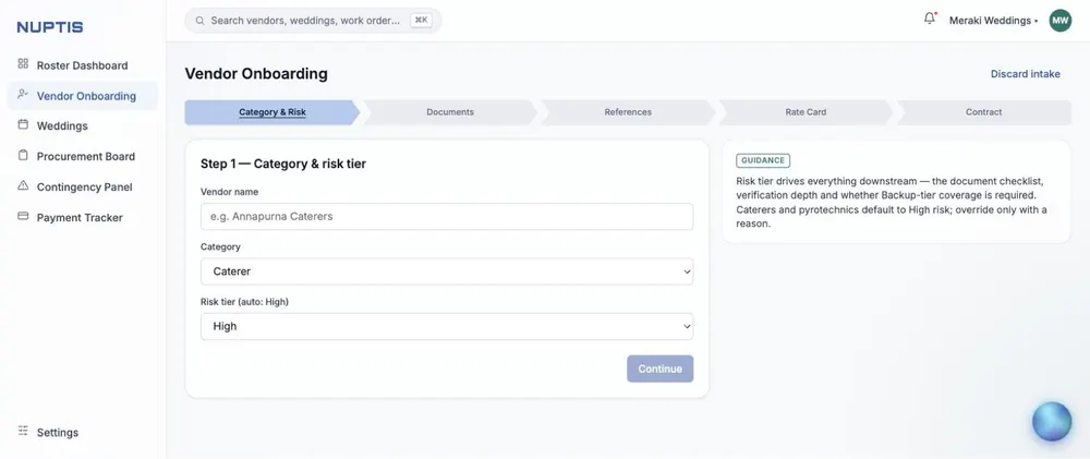 Nuptis vendor onboarding, step 1 of 5: category and risk tier, with guidance that the risk tier drives the document checklist and backup coverage.