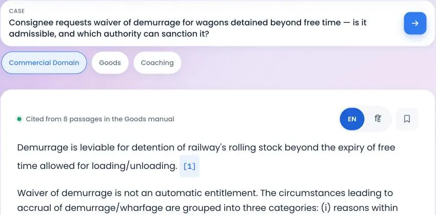 RailCite's Ask console: a demurrage-waiver case in the Commercial domain, answered “Cited from 8 passages in the Goods manual” with an inline citation marker [1] and an English/Hindi toggle.