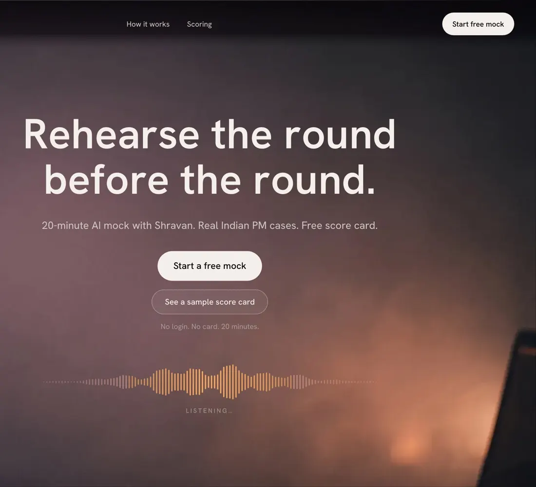 The Shravan's Round landing page: “Rehearse the round before the round.” over a Start a free mock button and an amber waveform marked Listening.