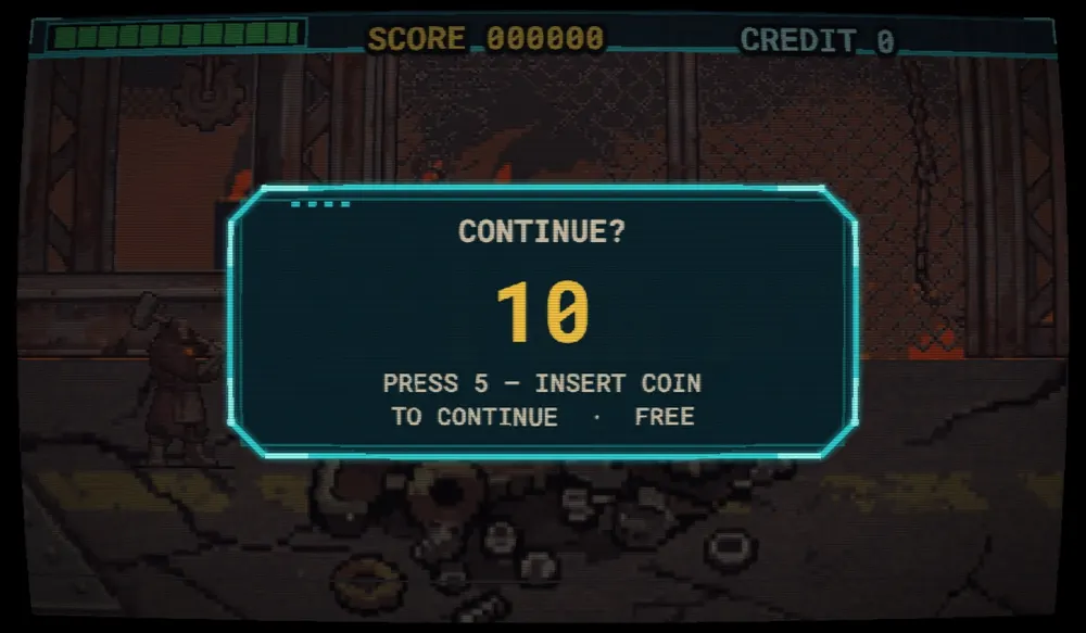 Slag City's “Continue?” screen counting down from 10, with “Press 5 — Insert coin to continue · Free”.
