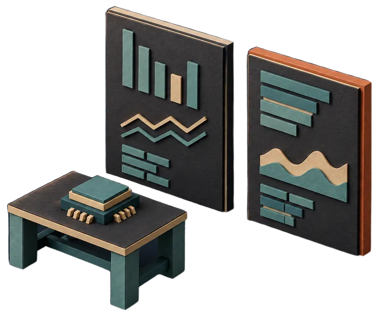 Paper model of a research bench with a processor chip, beside two standing comparison sheets with abstract charts.