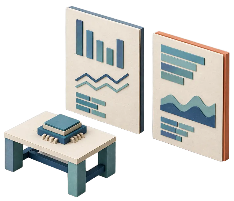 Paper model of a research bench with a processor chip, beside two standing comparison sheets with abstract charts.