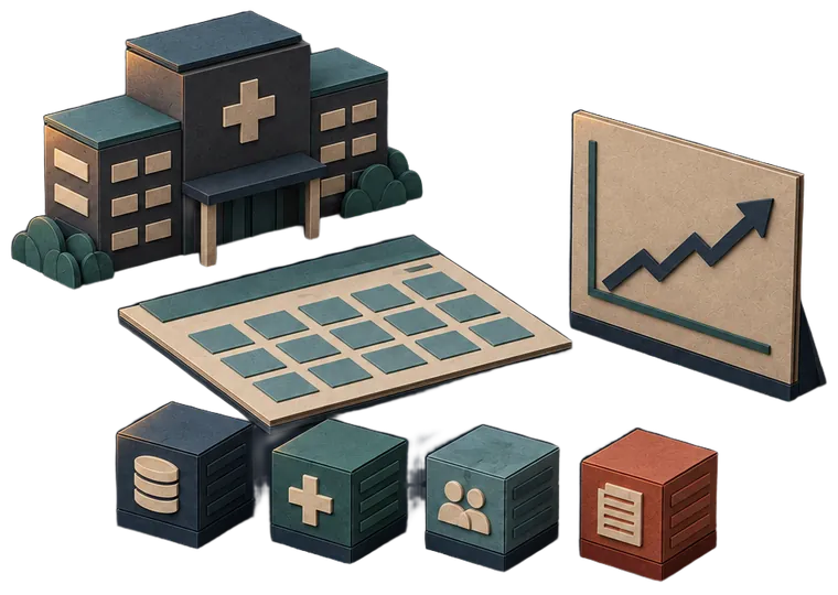 Paper model of a hospital, a calendar sheet and four data-source blocks beside a standing chart with a rising line.