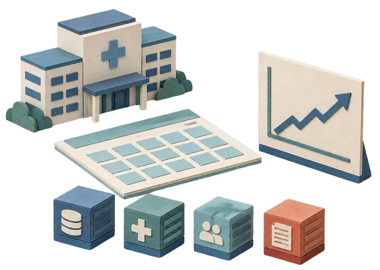 Paper model of a hospital, a calendar sheet and four data-source blocks beside a standing chart with a rising line.