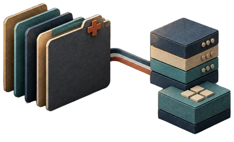 Paper model of a row of record folders joined by connectors to a stack of data-transfer blocks.