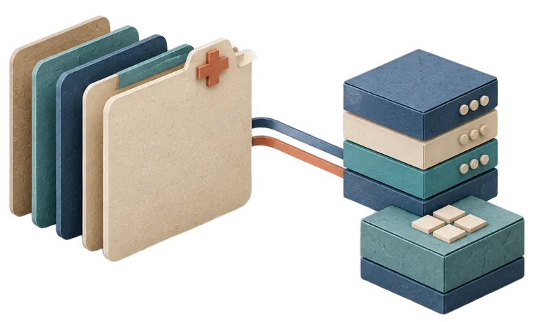 Paper model of a row of record folders joined by connectors to a stack of data-transfer blocks.