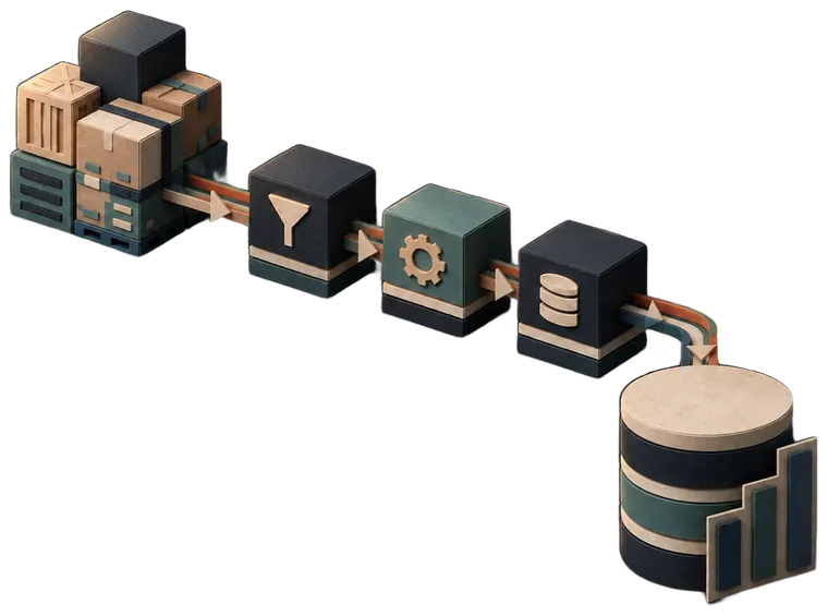 Paper model of inventory crates feeding a row of three pipeline blocks that lead down to an analytics warehouse.