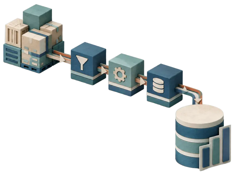 Paper model of inventory crates feeding a row of three pipeline blocks that lead down to an analytics warehouse.