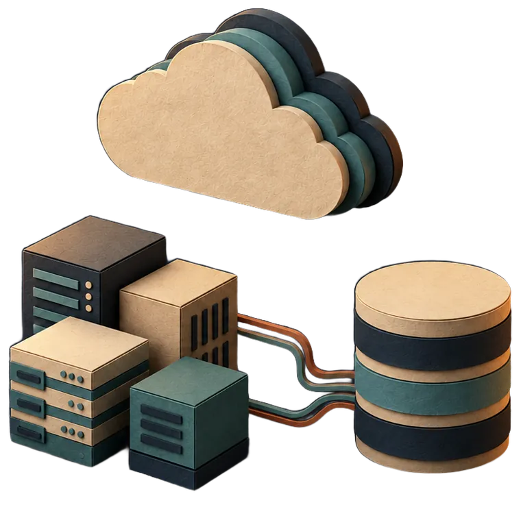 Paper model of a cloud above a cluster of infrastructure blocks, joined by connectors to a cylindrical data warehouse.