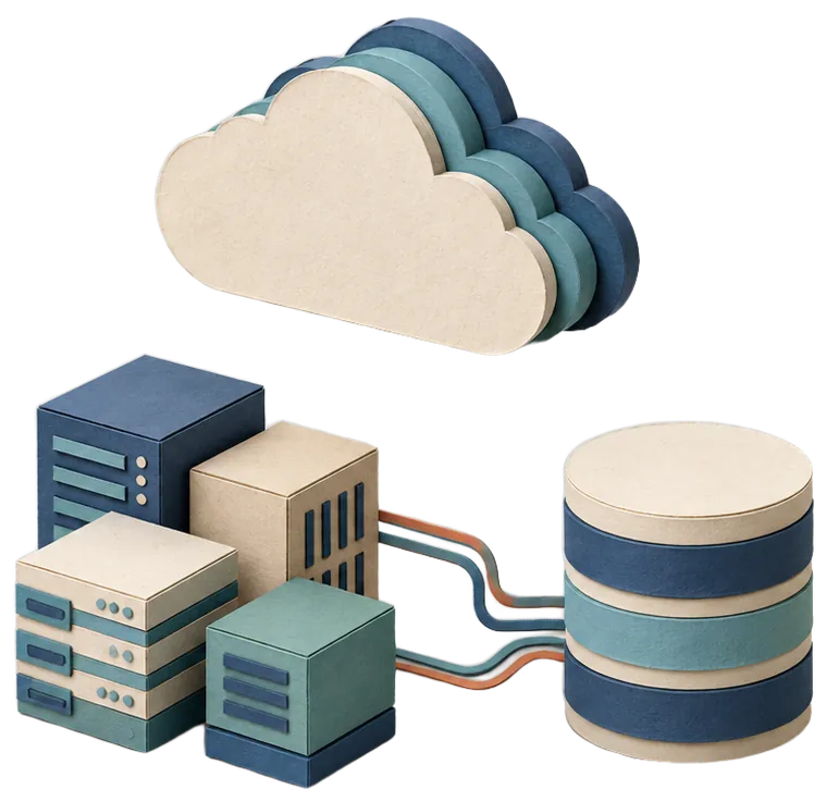 Paper model of a cloud above a cluster of infrastructure blocks, joined by connectors to a cylindrical data warehouse.