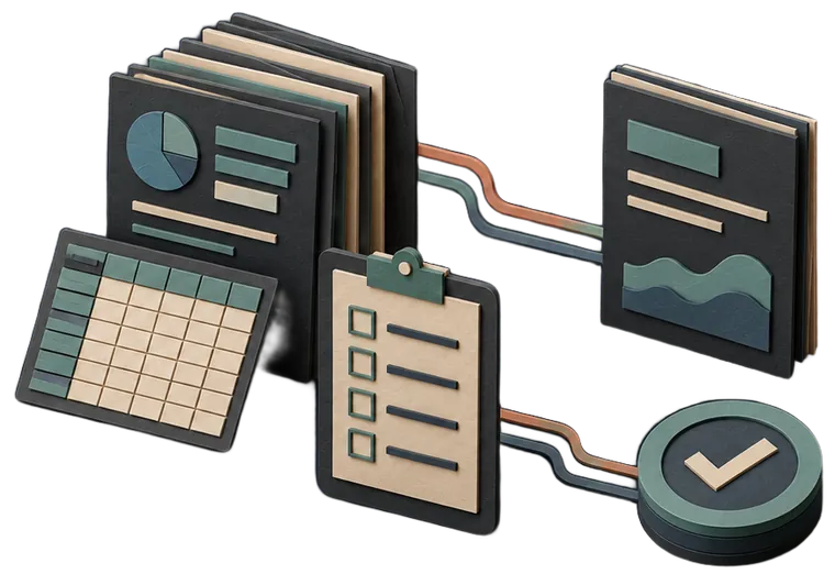 Paper model of stacked report sheets and a spreadsheet joined by connectors to a checklist and a round validation seal.