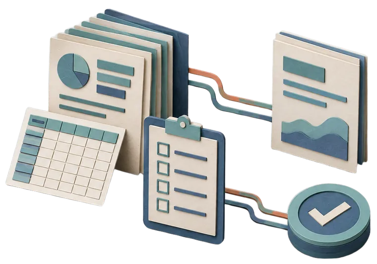 Paper model of stacked report sheets and a spreadsheet joined by connectors to a checklist and a round validation seal.
