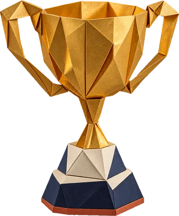 Gold origami two-handled cup on a navy and ivory paper pedestal