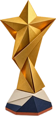 Gold origami angular star on a twisted stem, on an ivory and navy paper pedestal