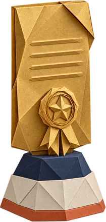 Gold origami patent certificate with a folded seal, on a navy and ivory paper pedestal