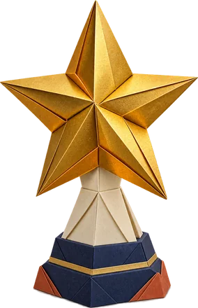 Gold origami five-point star trophy on a navy and ivory paper pedestal